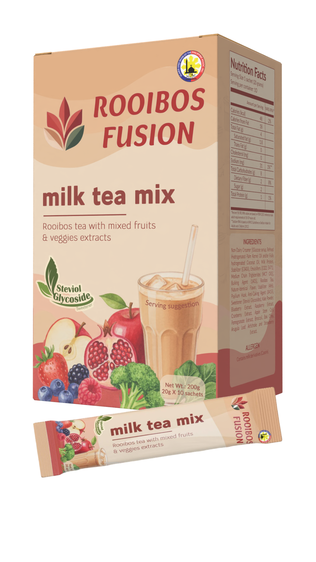Rooibos Fusion milk tea mix packaging — caffeine-free instant rooibos milk tea with mixed fruit and vegetable extracts; net weight 200 grams, ten sachets.